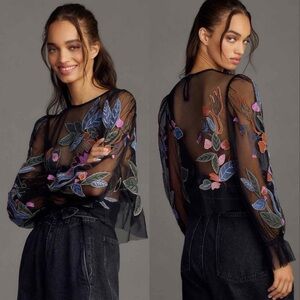 Anthropologie Black Sheer Blouse with Multicolor Floral Embroidery